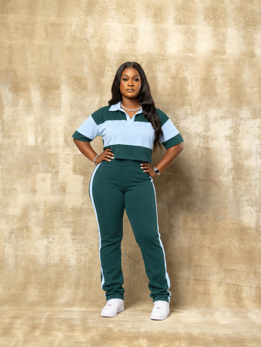 Colorblock Two Piece Set | Green & Teal Crop Polo Set