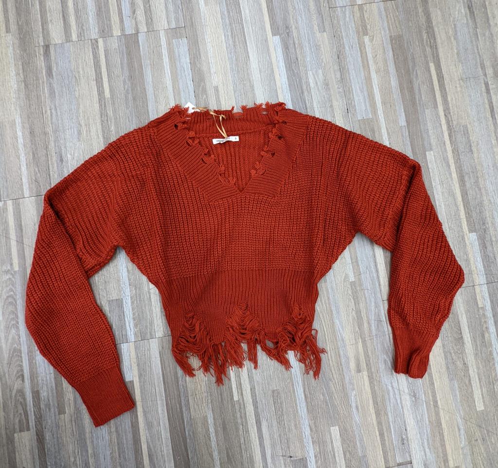 DARIA KNIT CROP LONG SLEEVE V-NECK SWEATER (RUST)