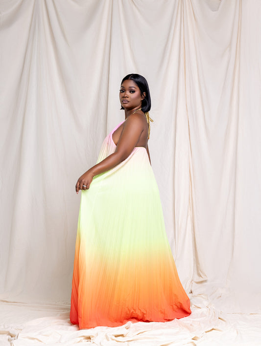 Radiant Sunset pleated maxi dress, back view showing the elastic back and flowy pleated skirt