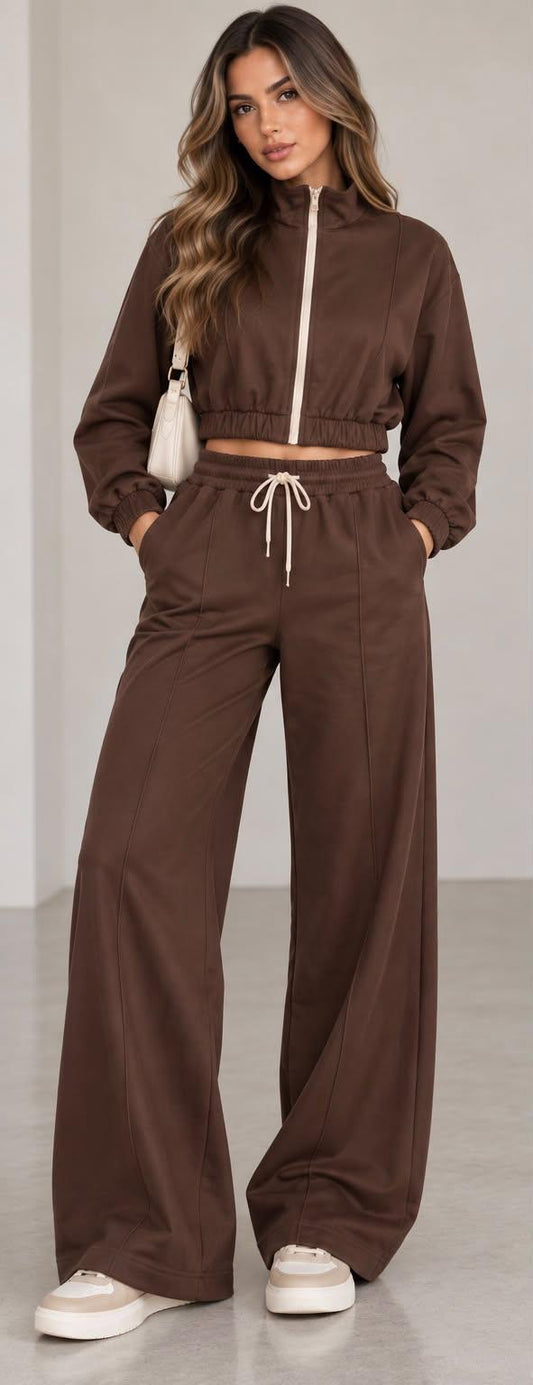 The Elevated Zip Set in chocolate brown, full-length view showing the relaxed wide-leg pants and cropped zip jacket